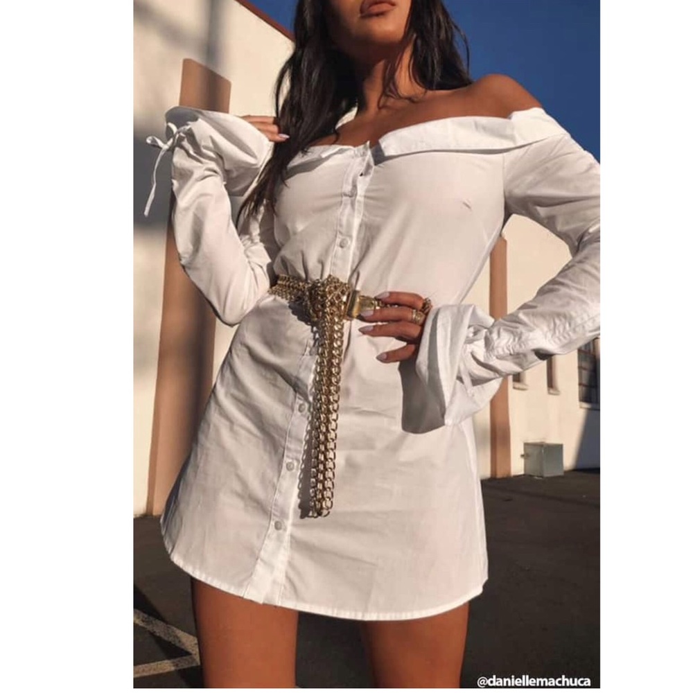 white button down off-the-shoulder dress